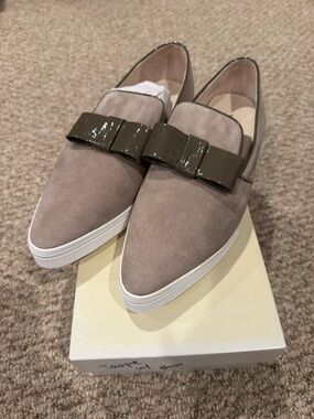 ALL BLACK Taupe Suede Slip-On Loafers with Olive/Brown Patent Bow NWB